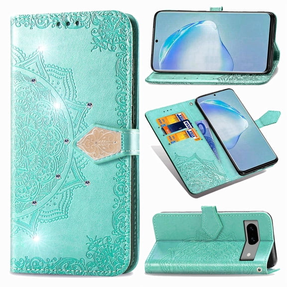 Feishell Flip Wallet Case for Google Pixel 8A, Bling Diamond Embossed Cover [Premium PU Leather TPU Bumper][3 Card Slots][Stand Function][Magnetic Closure][Wrist Strap] Shockproof Phone Case,Green