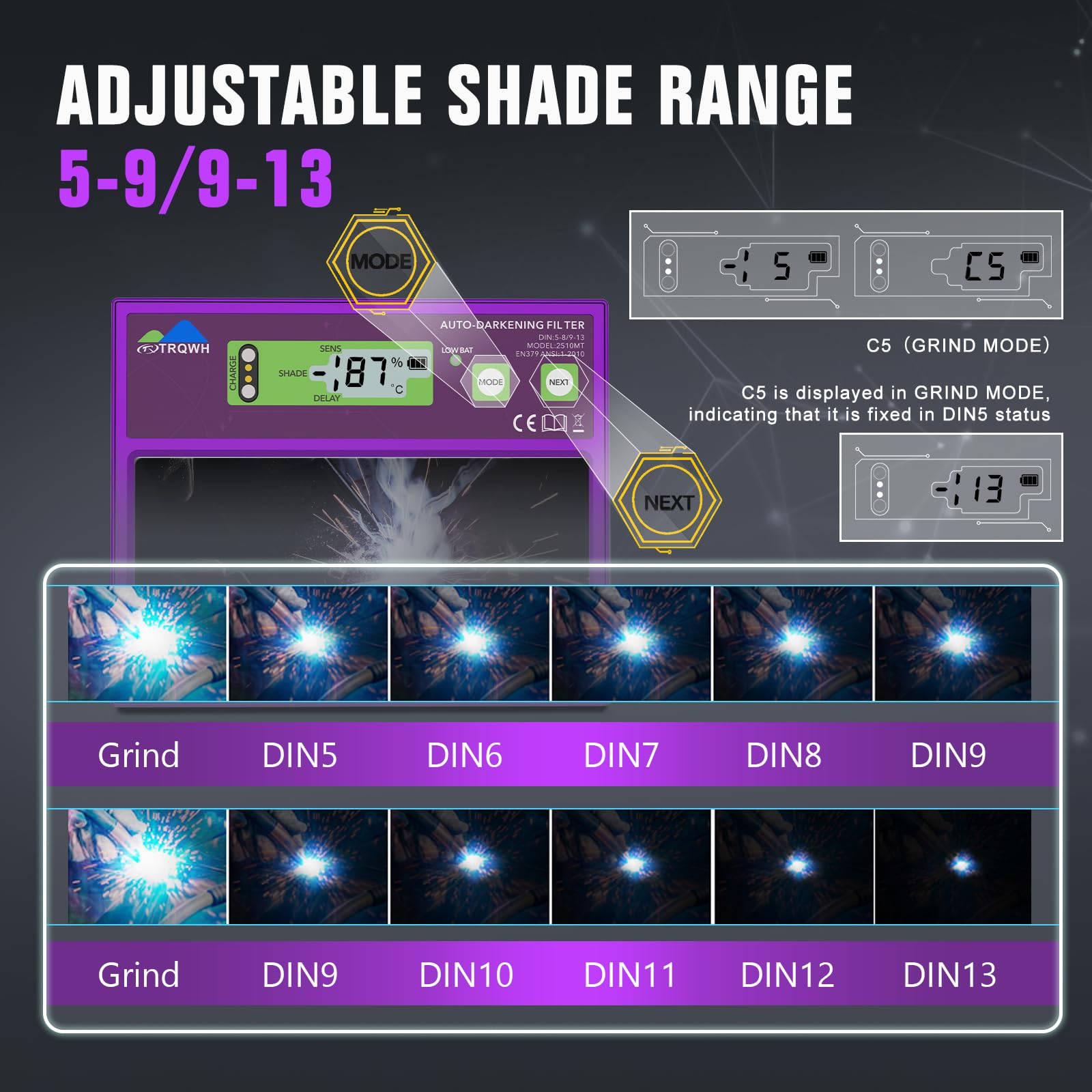 TRQWH Digital Display Welding Helmet Lens Auto Darkening Metal Welding Lens with 2 Arc Sensor Adjustable Shade Range 4/5-13 Welding Hood 4.33x3.54in True Color Lens, Violet