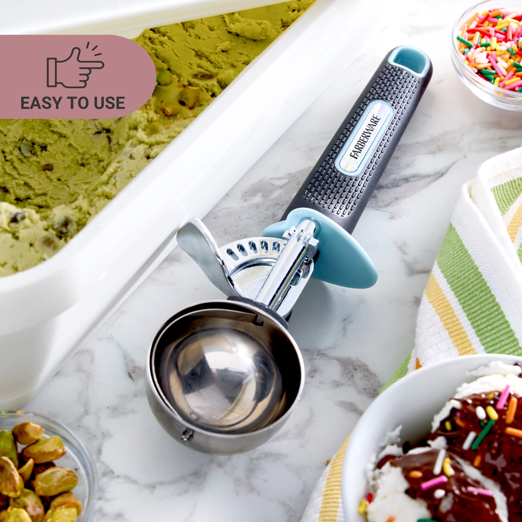 Farberware Soft Grips Trigger Ice Cream Scoop Black Handle with Slate Blue Accents