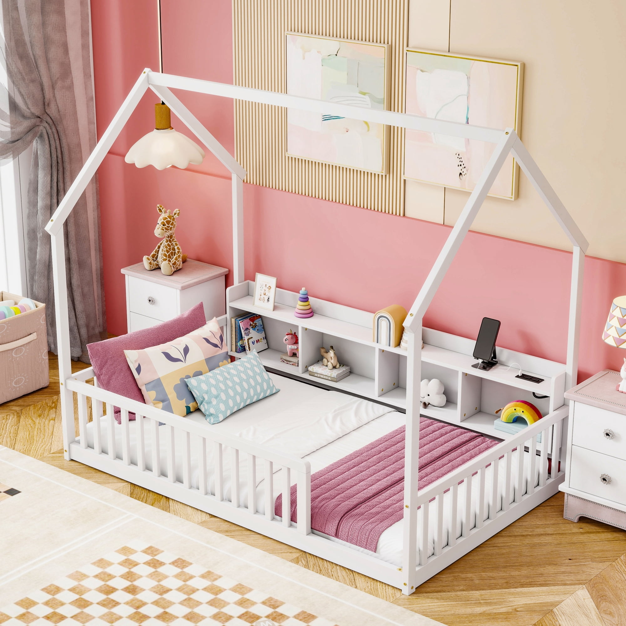 Leumius Twin Size House Floor Bed with Storage Shelves,Built-in LED Lights & Charging Station,Pine Wood Floor Bed Frame with Safety Guardrails for Kids Bedroom White