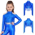 thumbnail image 3 of iiniim Girls Metallic Sequin Tassel Crop Top Cold Shoulder Cutout Back Long Sleeve Latin Jazz Dance Shirt Royal Blue 8, 3 of 7