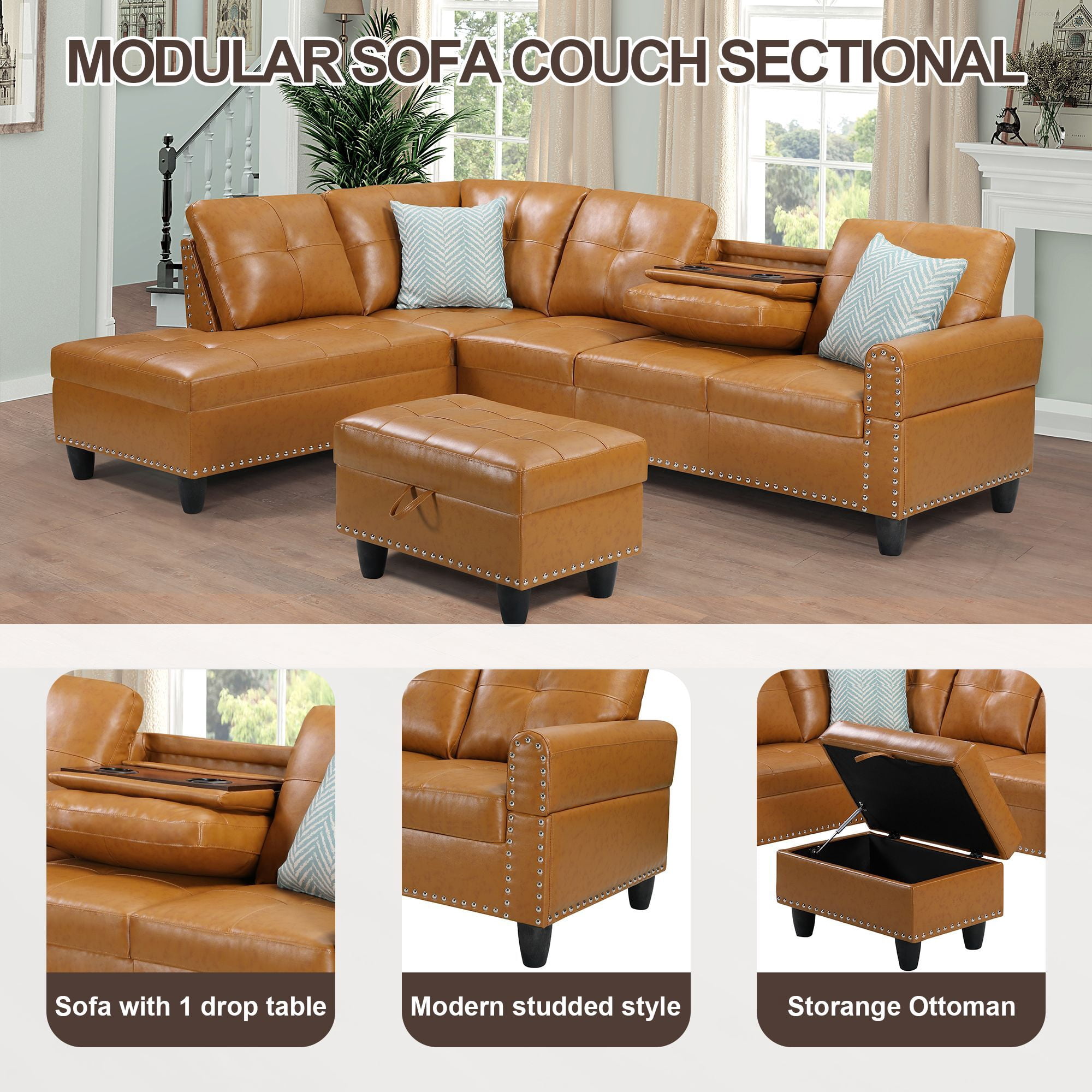 DEALTOPS L-Shaped Sectional Sofa Set with Storage Ottoman - Leather Upholsted Sofa Couch, Nailhead Trim, Yellow