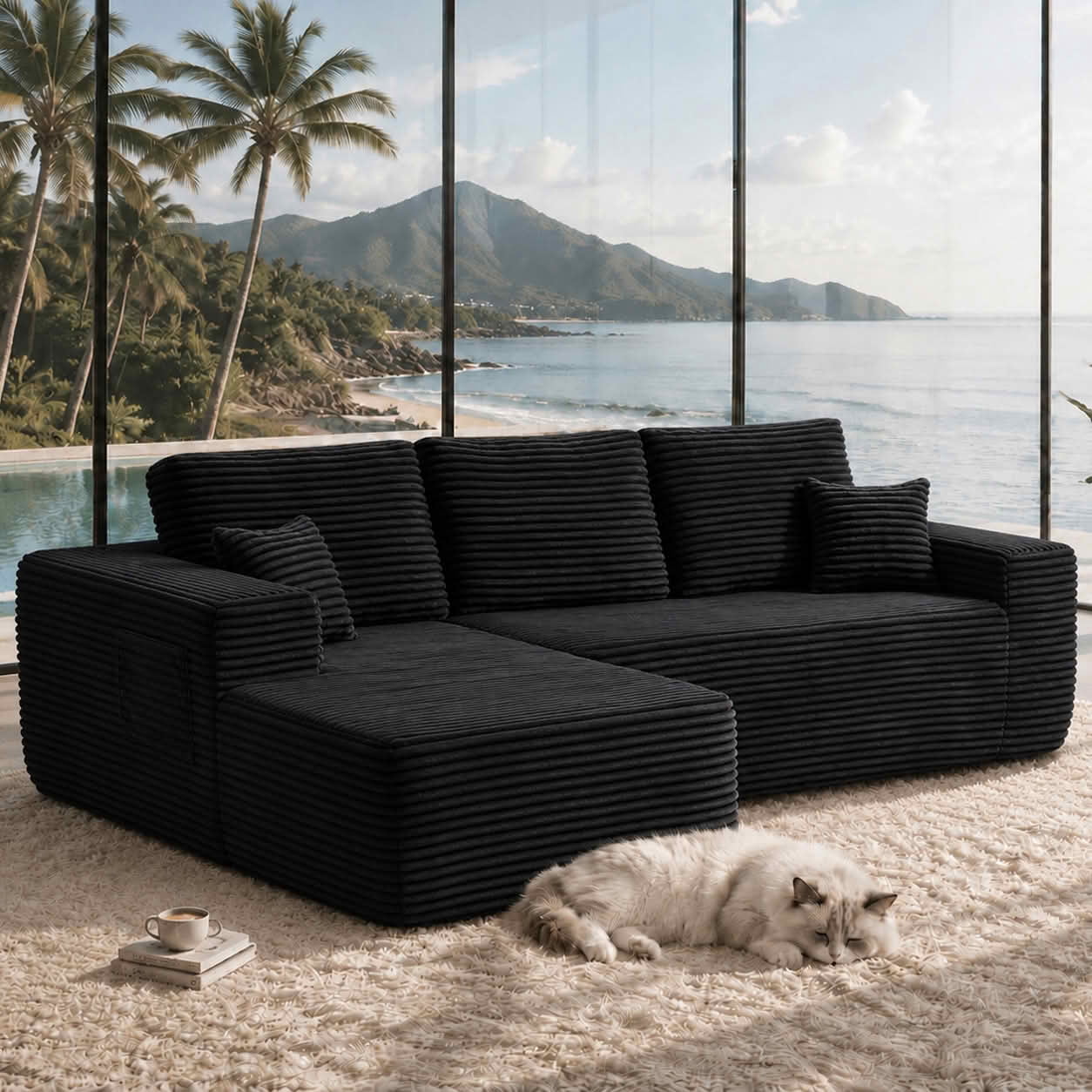 MAYEERTY 104 Inch Black Cloud Sectional Sofa, L-Shaped Left-Facing Modular Plush Corduroy Couch with Side Pockets, 3-Seater Deep Seating Sofa No Assembly Required for Living Room Bedroom