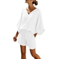 thumbnail image 3 of Lcziwo V Neck Two Piece Sets for Women Gauze Elegant Beach Vacation Outfits Batwing Sleeve Loose Shirts with Drawstring High Waist Shorts White,L, 3 of 9