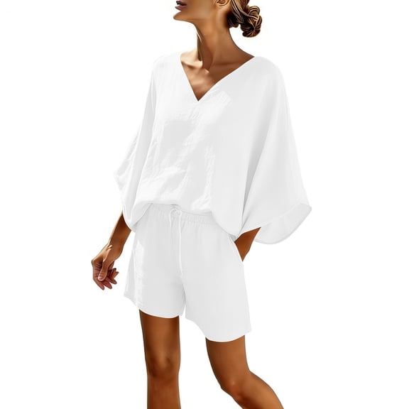 Qiopertar Women's Summer Casual Shorts Set V-Neck Sleeveless Top with Pocket Slim Fit Two Piece Outfit Vacation Beach Party, White S