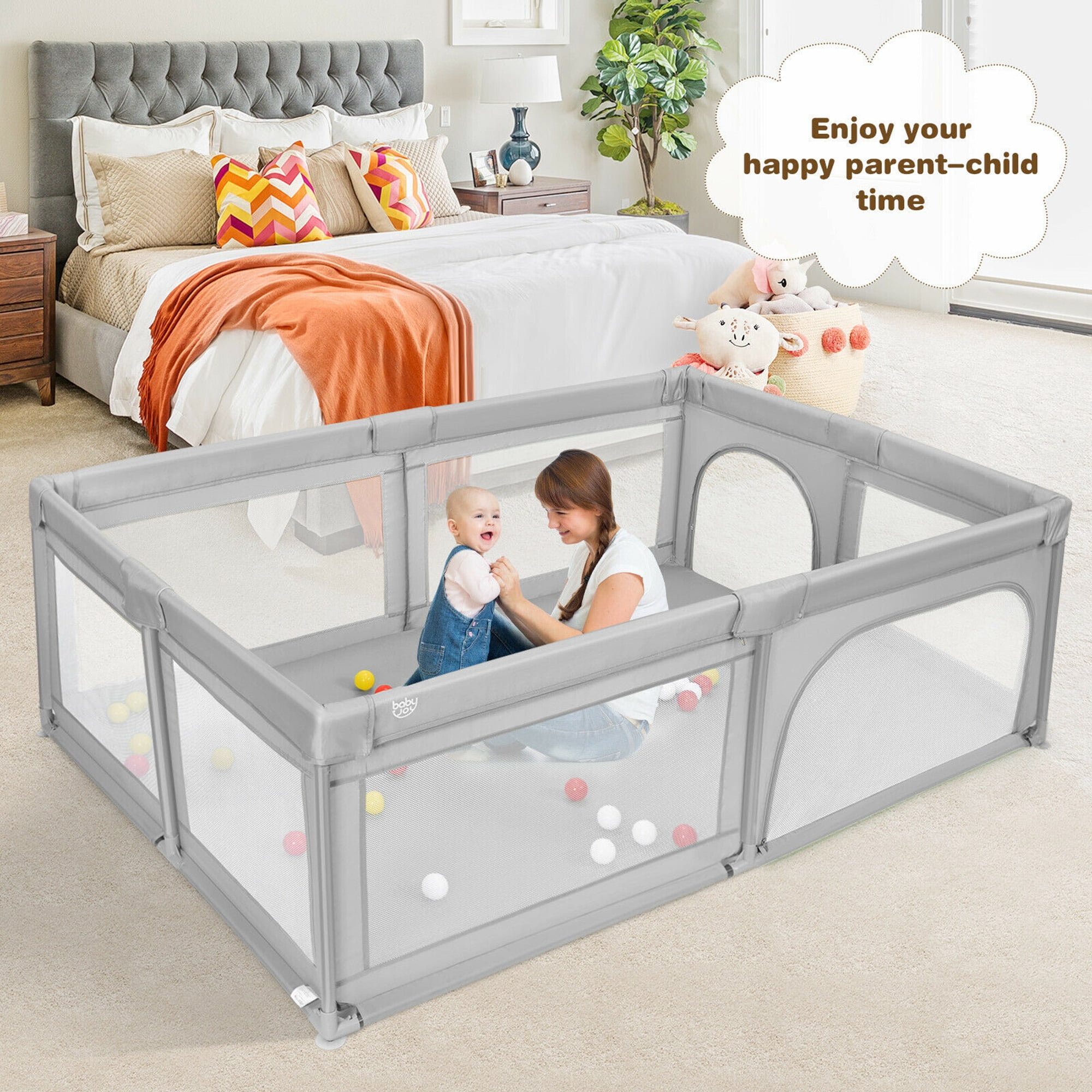 Gymax Extra-Large Safety Baby Fence Baby Playpen with 50 Ocean Balls Gray