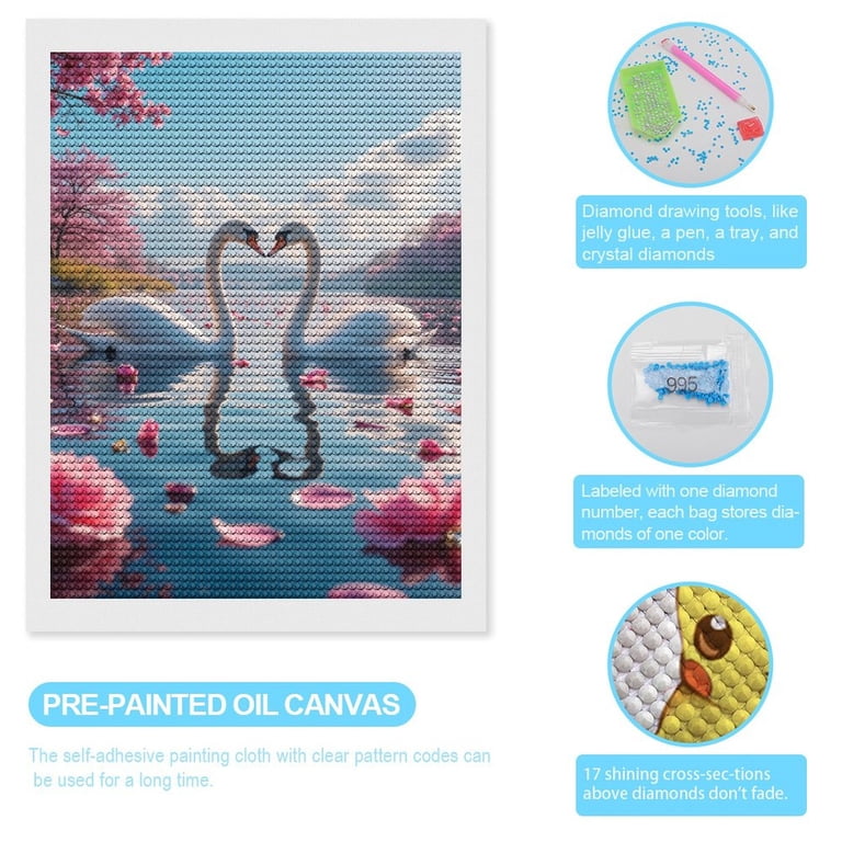 Diamond Art Kits for Adults, Swans Cherry Blossoms Lake Serenity