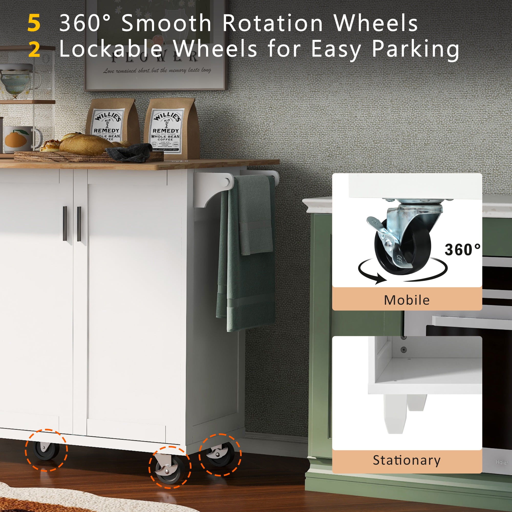 Yoneston Kitchen Island with Foldable Counter Top, Rolling Kitchen Cart with Slide-Out Shelf, Towel Rack and Drawer 2 Doors for Kitchen, Dining Room, White