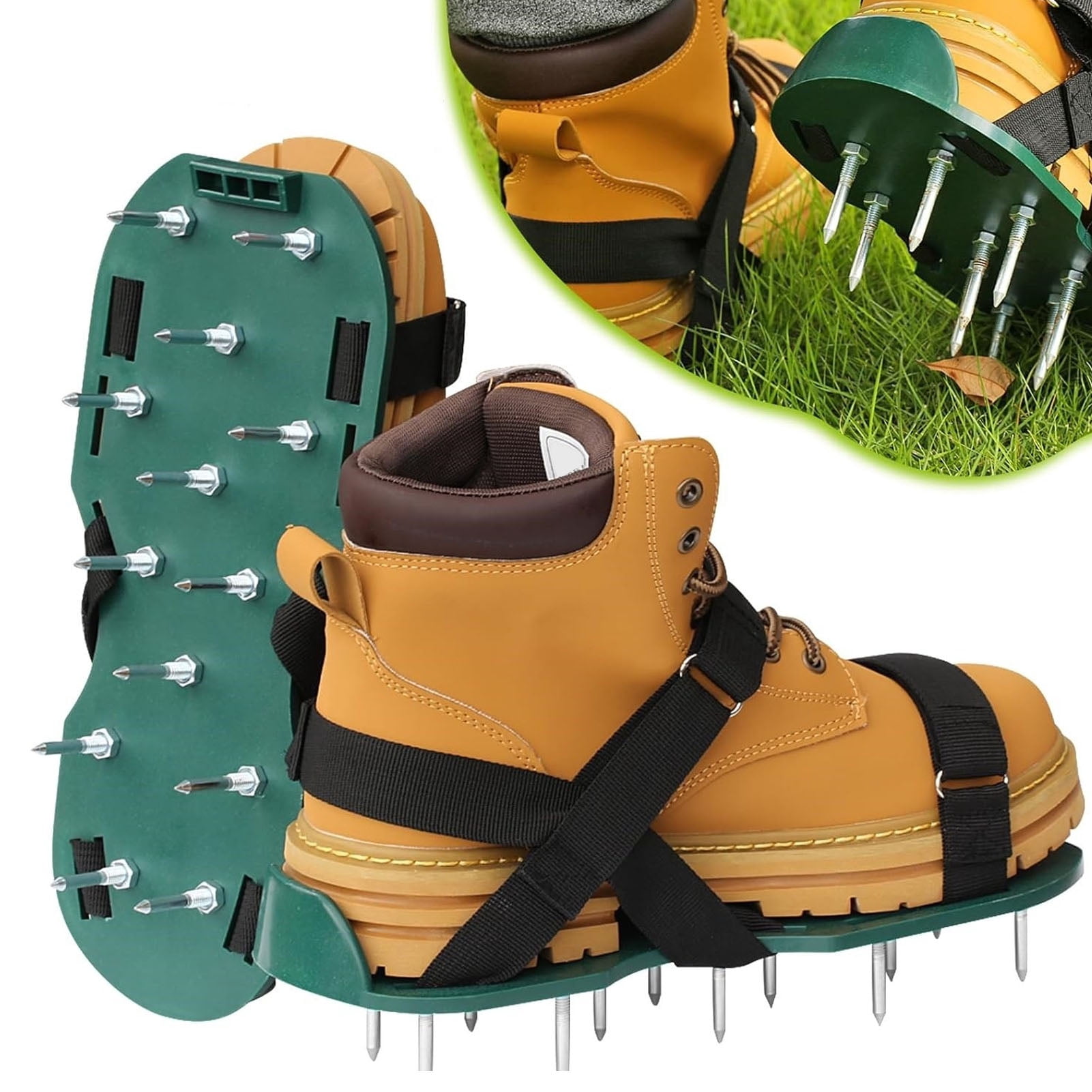 YAHHU Lawn Aerator Shoes Anti Slip Grass Aeration Spiked Sandals with Adjustable Straps for Yard Garden Patio 11.81x5.12 inches / 30x13 cm Green and Black