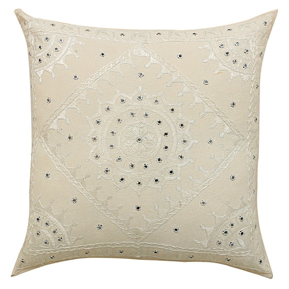 Stylo Culture Indian Sofa Throw Pillow Cover 24 x 24 Big Hand Embroidered Off White Bohemian 60cm x 60cm Home Decor Cotton Mirrored Square Cushion Cover | 1 Pc
