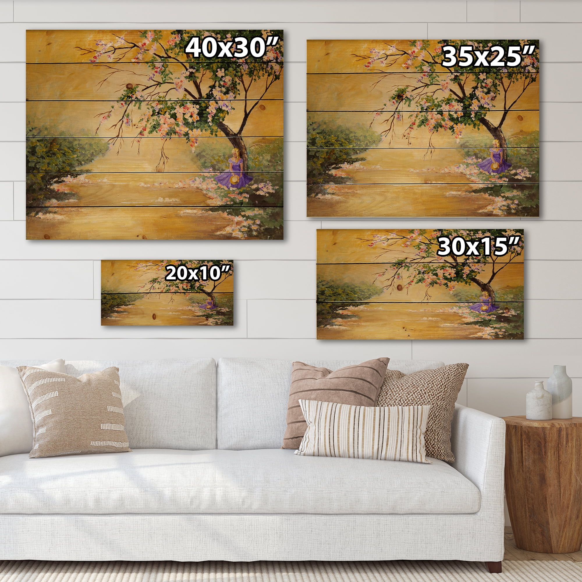 Designart 'Beautiful Girl Standing By The Flowering Tree' Traditional Print on Natural Pine Wood