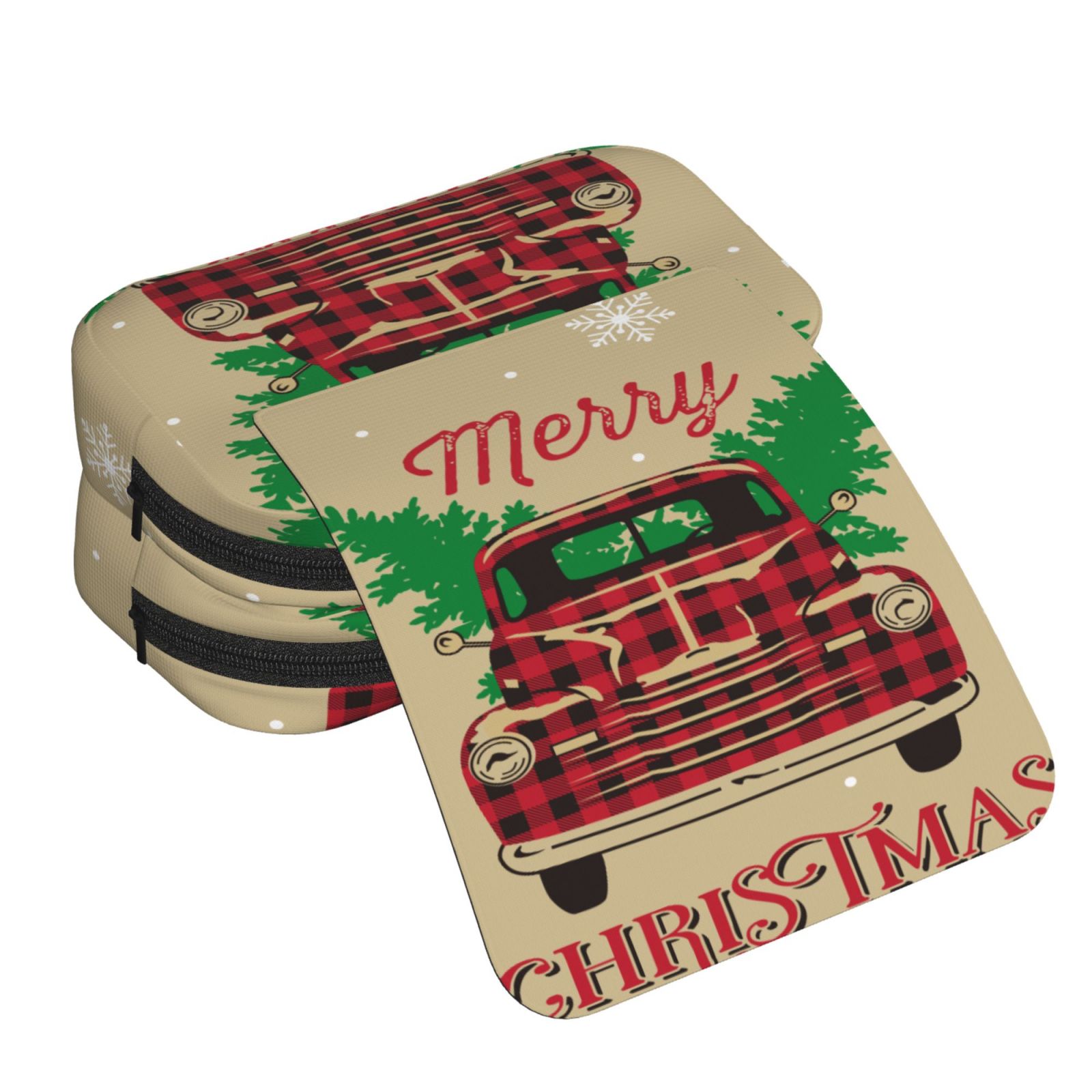 Rateoe Christmas Vintage Red Truck Pattern Double Clamshell Pen Case, Storage Organizer with Two Zipper Compartments– Holds Up to 50 Pencils & Pens