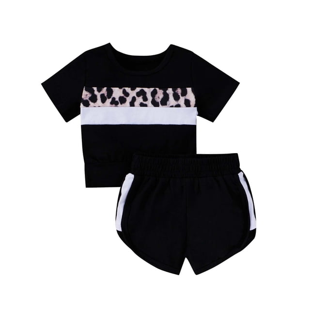 Ropa De Bebé (Niño O Niña) Traje De Niño Pequeño Verano Patchwork Estampado De Leopardo Top De Manga Corta Pantalones Cortos Conjunto De Dos Piezas Negro Odeerbi LM103-10312