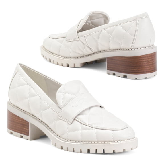 Marc Fisher Women's Dantea Quilted Stacked Heel Shoes Loafers (Ivory, 8.5)