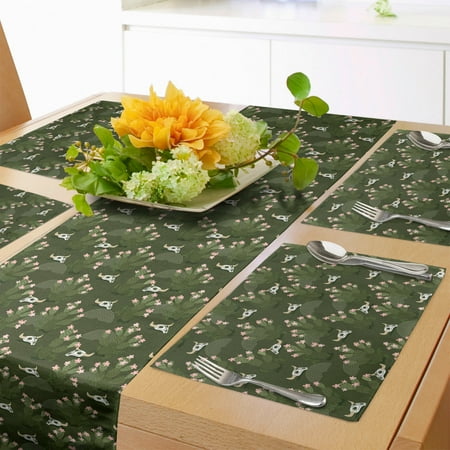 

Floral Table Runner & Placemats Cactus with Flower and Skull Plantation Unique Set for Dining Table Decor Placemat 4 pcs + Runner 12 x90 Evergreen Sage Green by Ambesonne