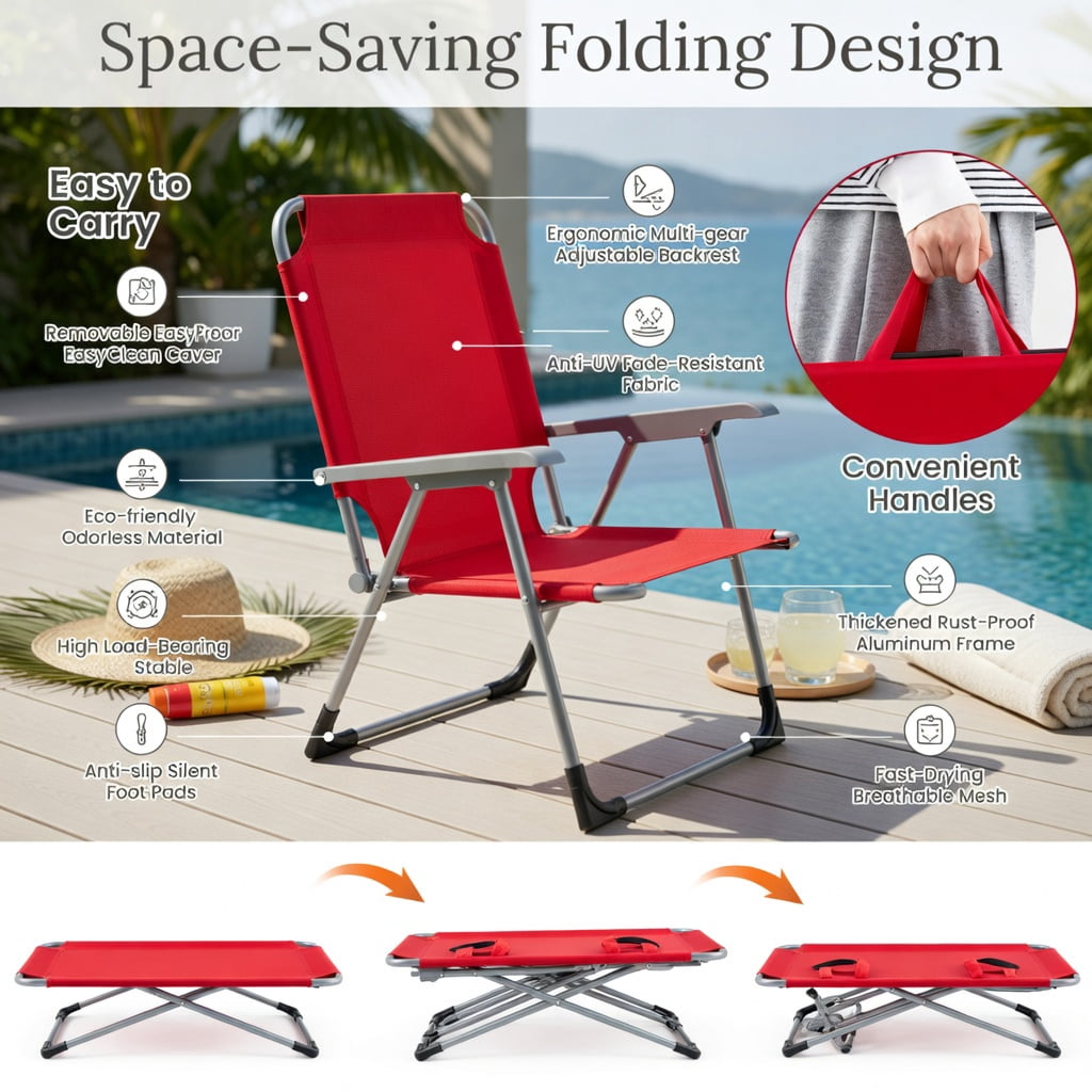 Hommoo Foldable Tanning Chair with Face & Arm Holes, Lightweight Portable Sun Lounger for Beach, Pool, Patio, Red
