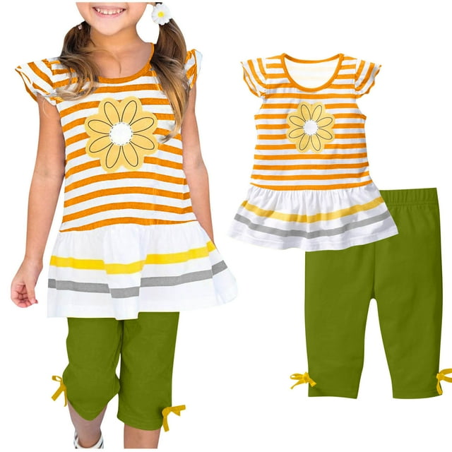 Zpanxa Girls Summer Shirts Daisy Print Flutter Sleeve Round Neck Top with Shorts Set Polyester Spandex 4 Years