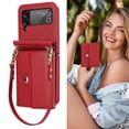 thumbnail image 7 of For Samsung Galaxy Z Flip 3 5G PU Leather Case, Stylish Crossbody Strap Wristband Card Slots Magnetic Snap RFID Blocking Drop Protective Rugged Case for Samsung Galaxy Z Flip 3 5G, Red, 7 of 7