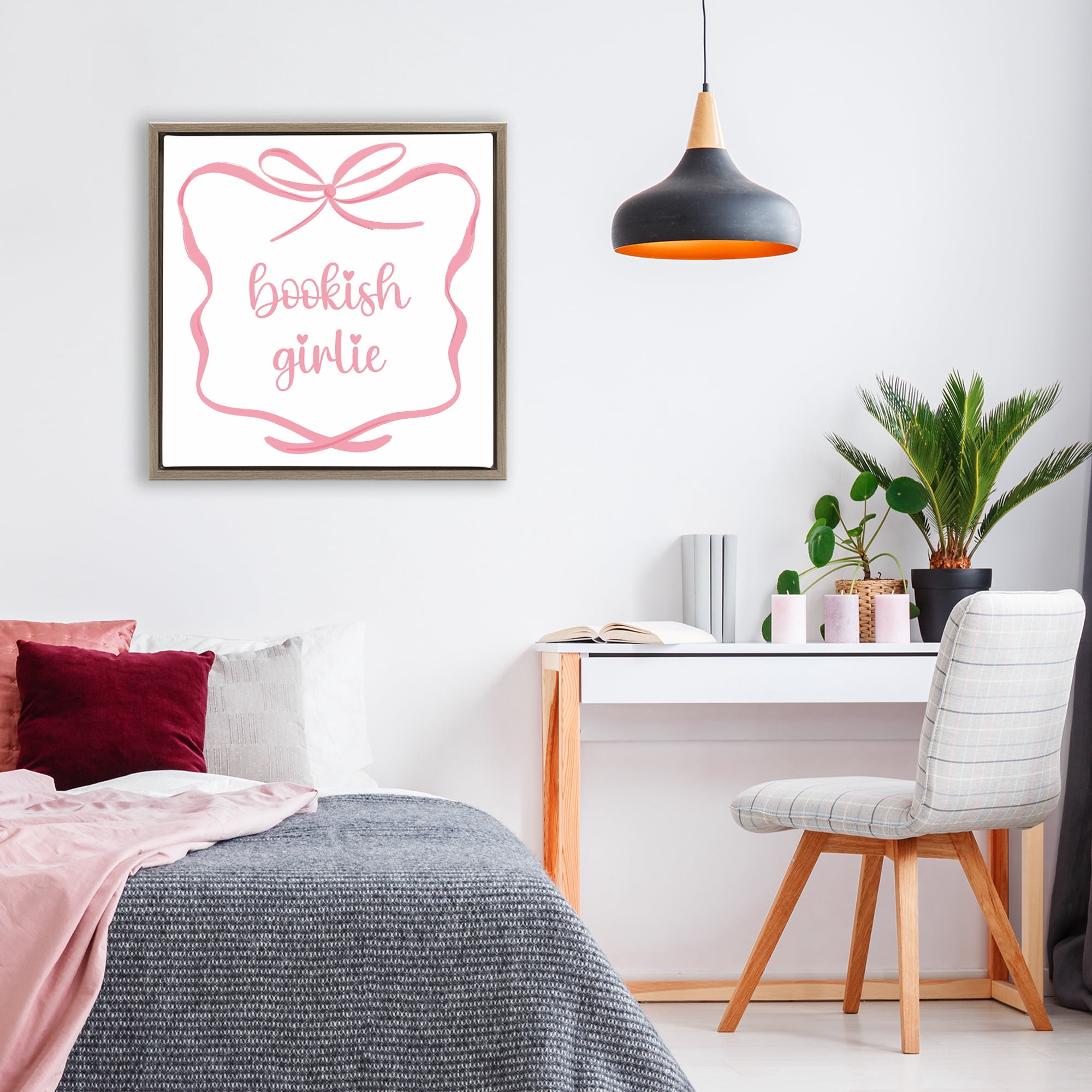 Stupell Industries Bookish Girlie with Bow Brown Framed Floater Canvas Wall Art, design by Lucille Price