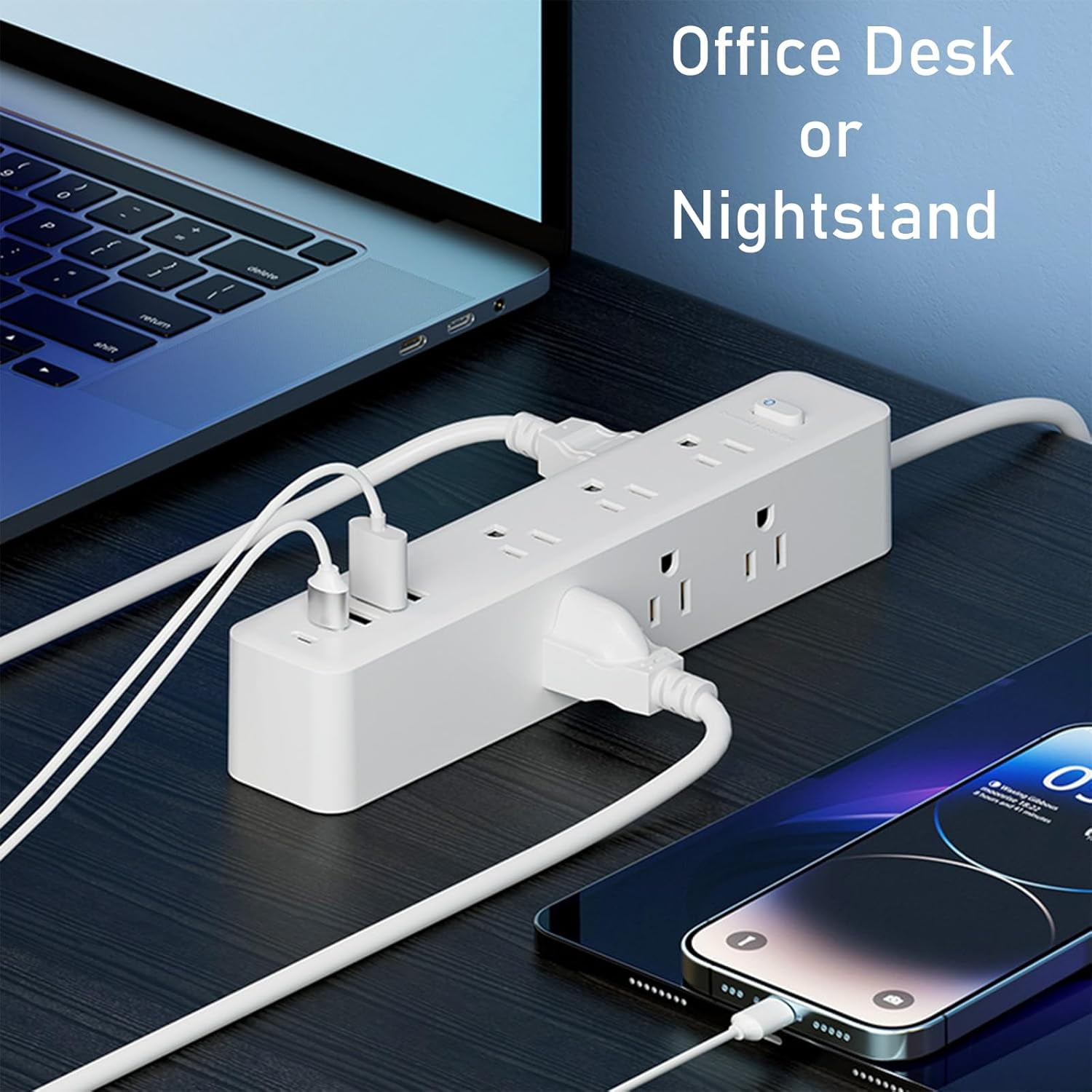 ZHENYEMEI Surge Protector Power Strip, 5 ft Flat Plug Long Extension Cord, Multi Plug Outlet Extender, 9 Outlets 3 USB A & 2 USB C Ports for Travel Home Office Entertainment, White