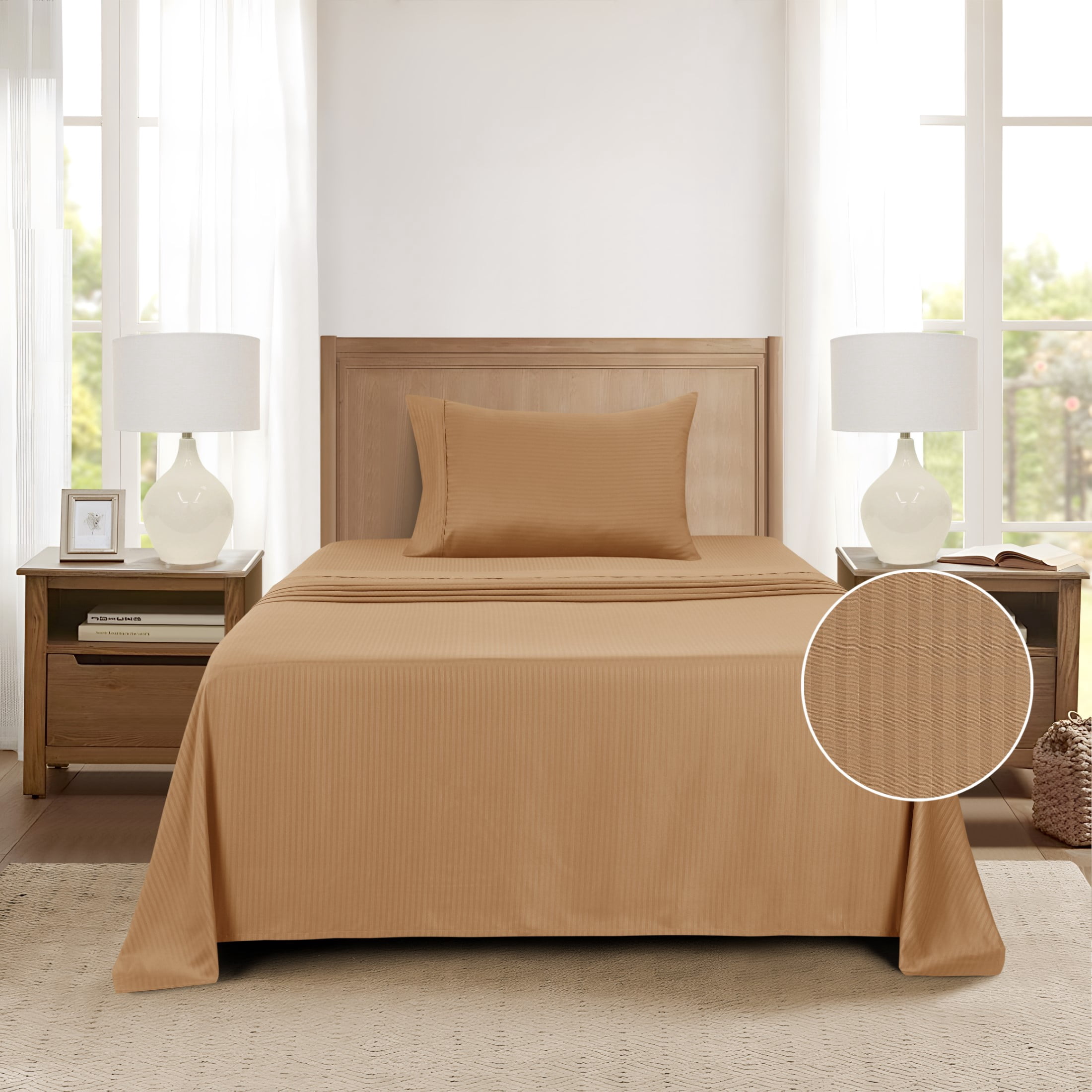 Mainstays Super Soft Brushed Microfiber Bed Sheet Set, Caramel Brown Embossed Stripe, Twin-XL, 3 Piece