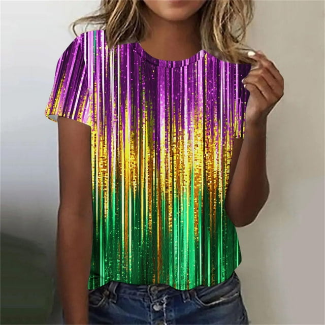 Xuyuer Happy Mardi Gras Shirt Womens Mardi Gras Day Heart Tshirt Tuesday Carnival Tee New Orleans Party Short Sleeve Casual Short Sleeve Tops Holiday Bleached Short Sleeve Tops