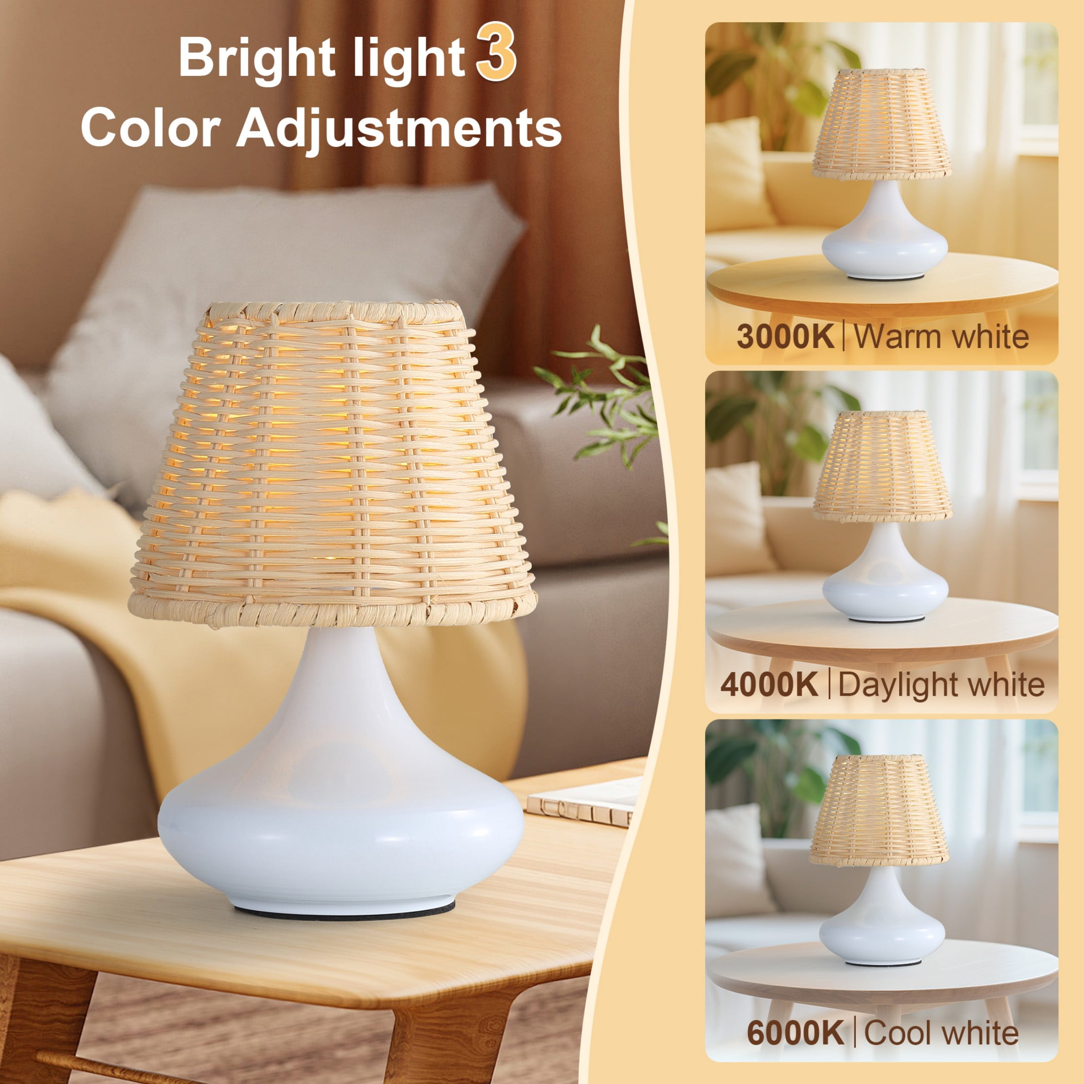 Sofucor LED Desk Lamp with USB Charging Port Bamboo-woven lampshade 3 Color  Home Office Desktop Lamp for Reading, Studying, Nail, College Dorm, White