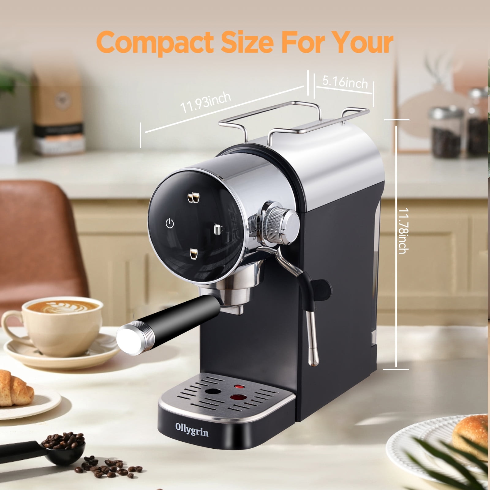 Ollygrin Espresso Machine 15 Bar, Touch Screen Espresso Maker with Americano, Coffee Machine with Steam Milk Frother, Stainless Steel Cappuccino Latte Machine for Cold Brew Home Gifts