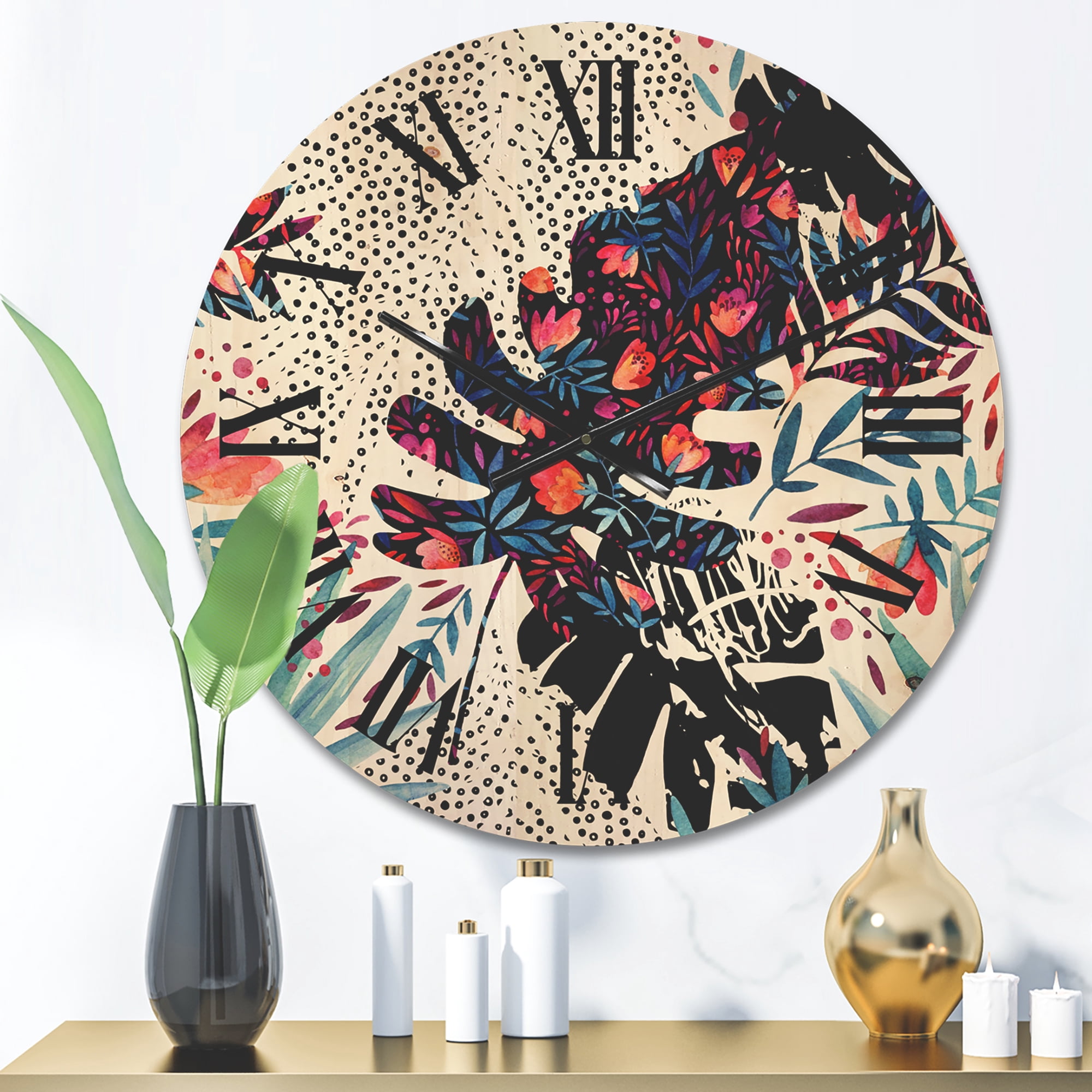 Designart 'Abstract Tropical Floral Patchwork I' Tropical Wood Wall Clock