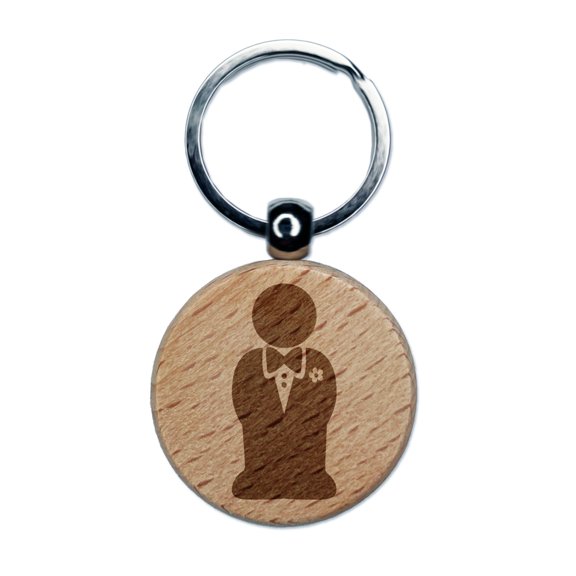Groom Symbol Wedding Round Keychain Charm Tag - Engraved Wood