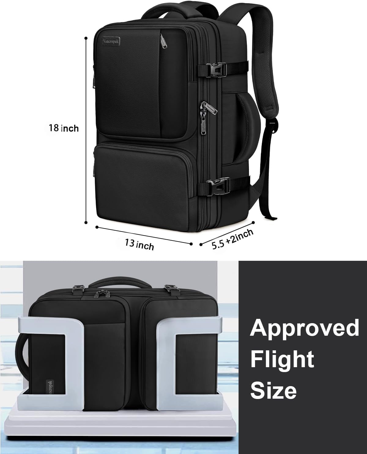 Vancropak Expandable Carry on Backpack, Flight Approved 40L Travel Backpack with 3 Packing Cubes for Men Women, Black