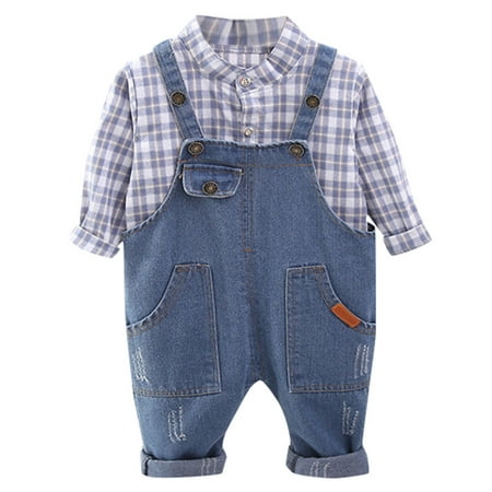 

Toddler Kids Baby Boys Plaid Shirt Tops Tee+Denim Jean Pants Overalls Outfits