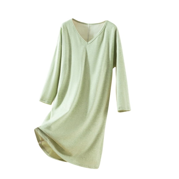 Stamzod Winter Sleep Shirts for Women Solid Color Crewneck Long Sleeve Fleece Night Dress Sleepwear Loose Casual Pajama Dress for Women Green Free Size