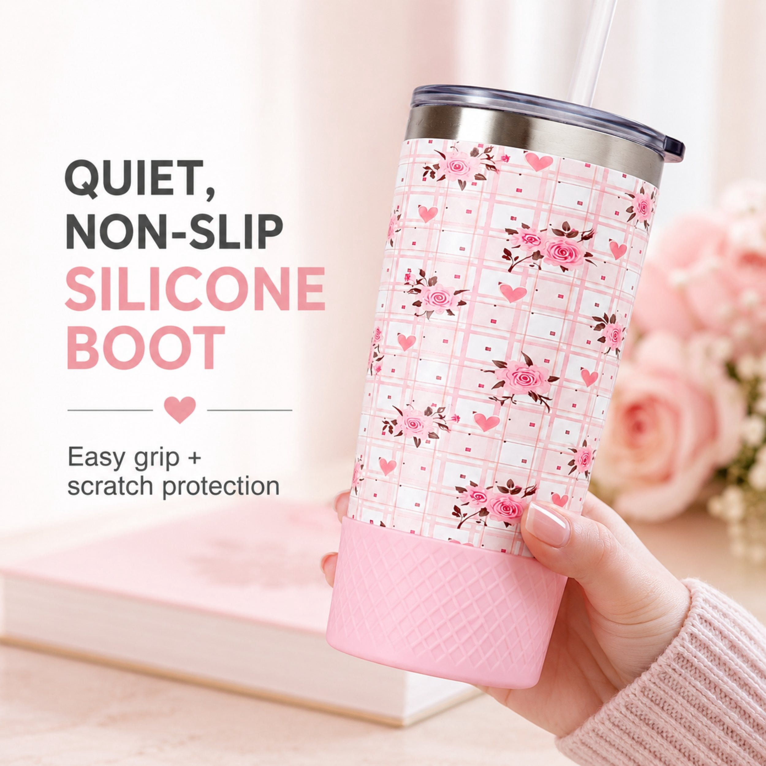 Biddlebee 20oz Insulated Stainless Steel Tumbler with Straw and Silicone Boot, Pink Roses