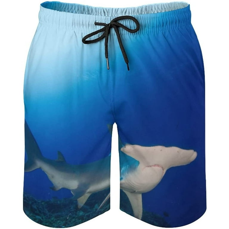 Quick Dry Swim Trunks, Blue Sharks Men's Swimwear