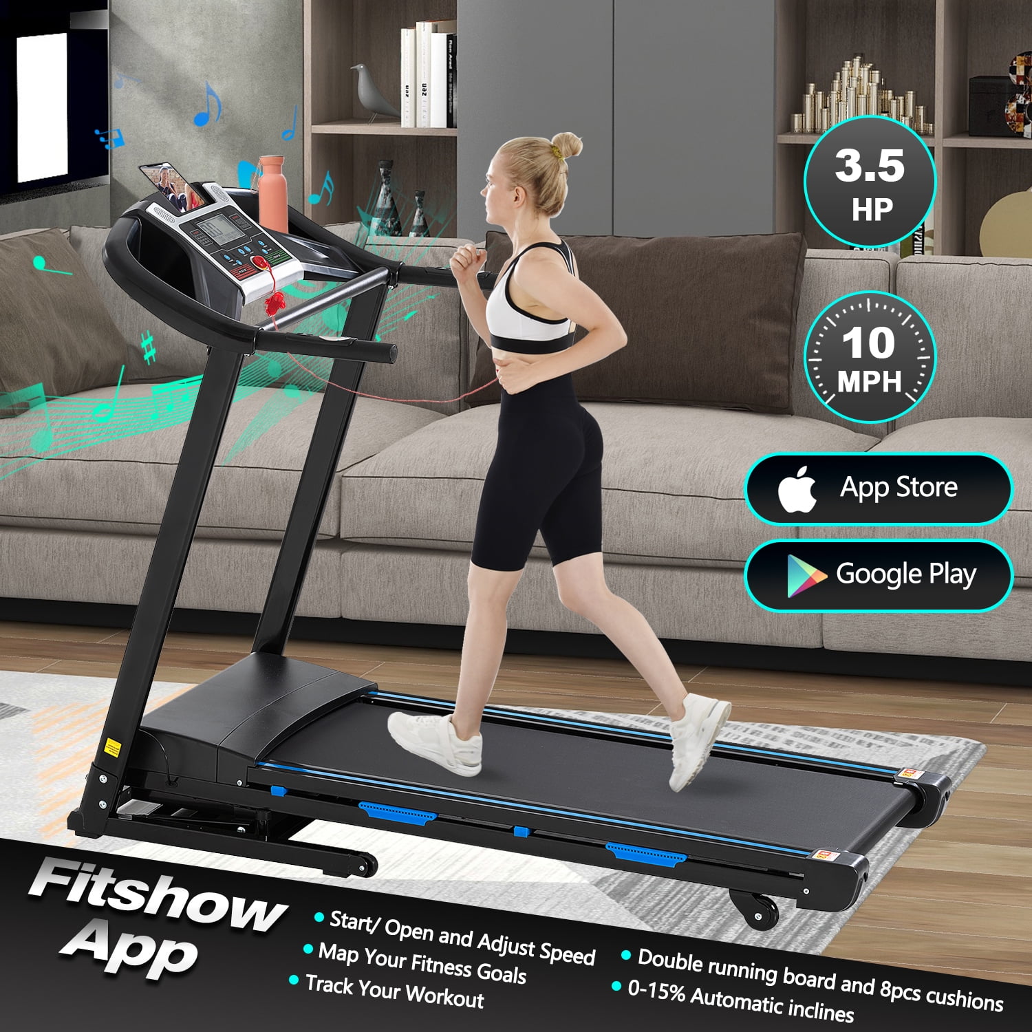 Portable FYC 3.5HP Compact Treadmill Foldable Auto Incline 330LBS Capacity w Bluetooth Heart Rate Sensor Walmart