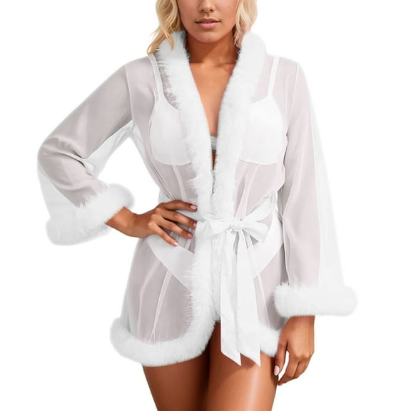 KANG Sexy Feather Kimono Robe Sheer Mesh Long Sleeve Lingerie Nightgown Transparent Satin Sleepwear For Women Elegant Open Front Loungewear