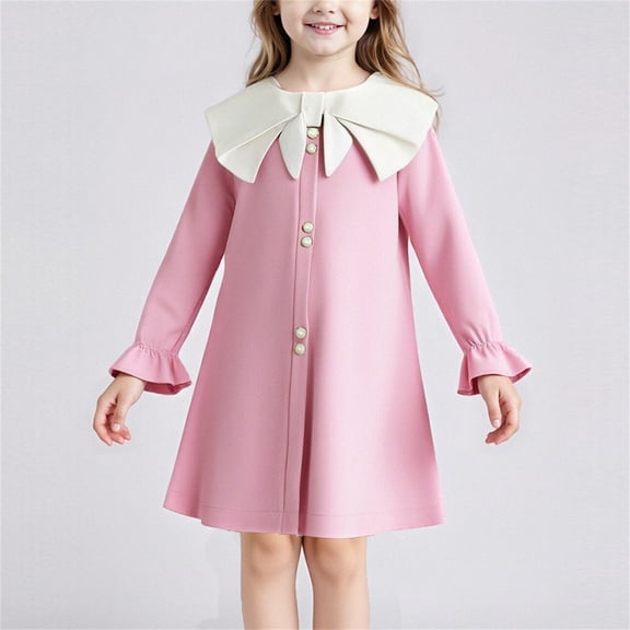 BRGZLK Girls Summer Dresses Long Sleeve Color Block Lace Trim Round Neck Skirt Casual Trendy Party Pullover Dresses for Kids Pink 5-6 Years