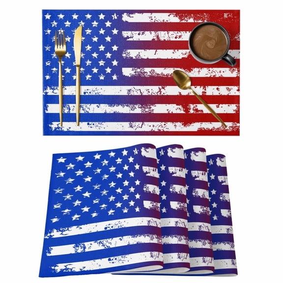 Red Blue Placemats Set of 12, Ombre Stars Stripes Rustic US Flag Blood Placemats for Dining Table, Place Mats for Kitchen Tabletop, Waterproof Wipeable Dining Table Mats Set