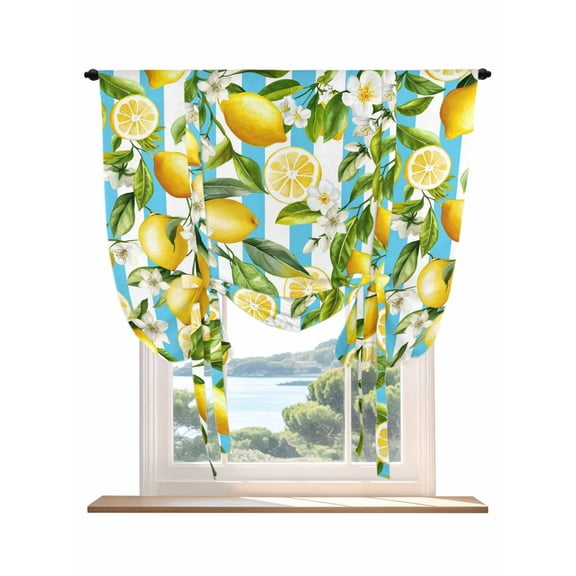 Summer Lemon Tie Up Curtains for Windows 45 Inch Length Balloon Curtains Kitchen Adjustable Balloon Window Shade Yellow Green Watercolor Botanical Aqua Striped Tie Up Bathroom Curtain Window 34"x45"