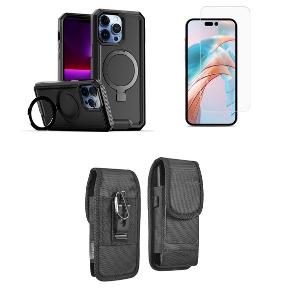 Bemz Case for iPhone 15 Pro Max with Slim Heavy-Duty Armor Defender Wireless Charger Magnetic Kickstand Cover, Glass Screen Protector, Vertical Rugged Nylon Belt Holster Pouch (Black)
