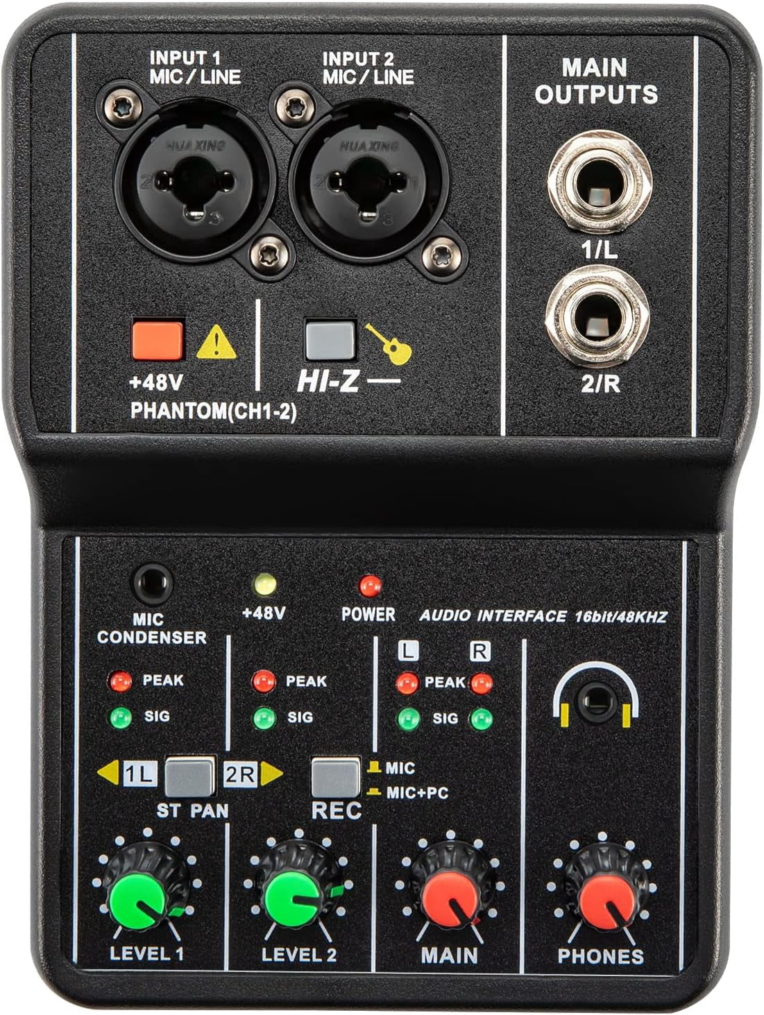 Portable Mini Mixer 2 Channel Audio DJ Console USB 48V Phantom Power Combo Jack Microphone/Guitar XLR+6.35mm, 3.5mm Stereo in for PC Recording Singing Webcast Party