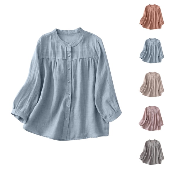 3/4 Length Sleeve Womens Tops 2026 Trendy Vintage Cotton Linen Button Down Loose Cardigan Tshirt Womens Blouses
