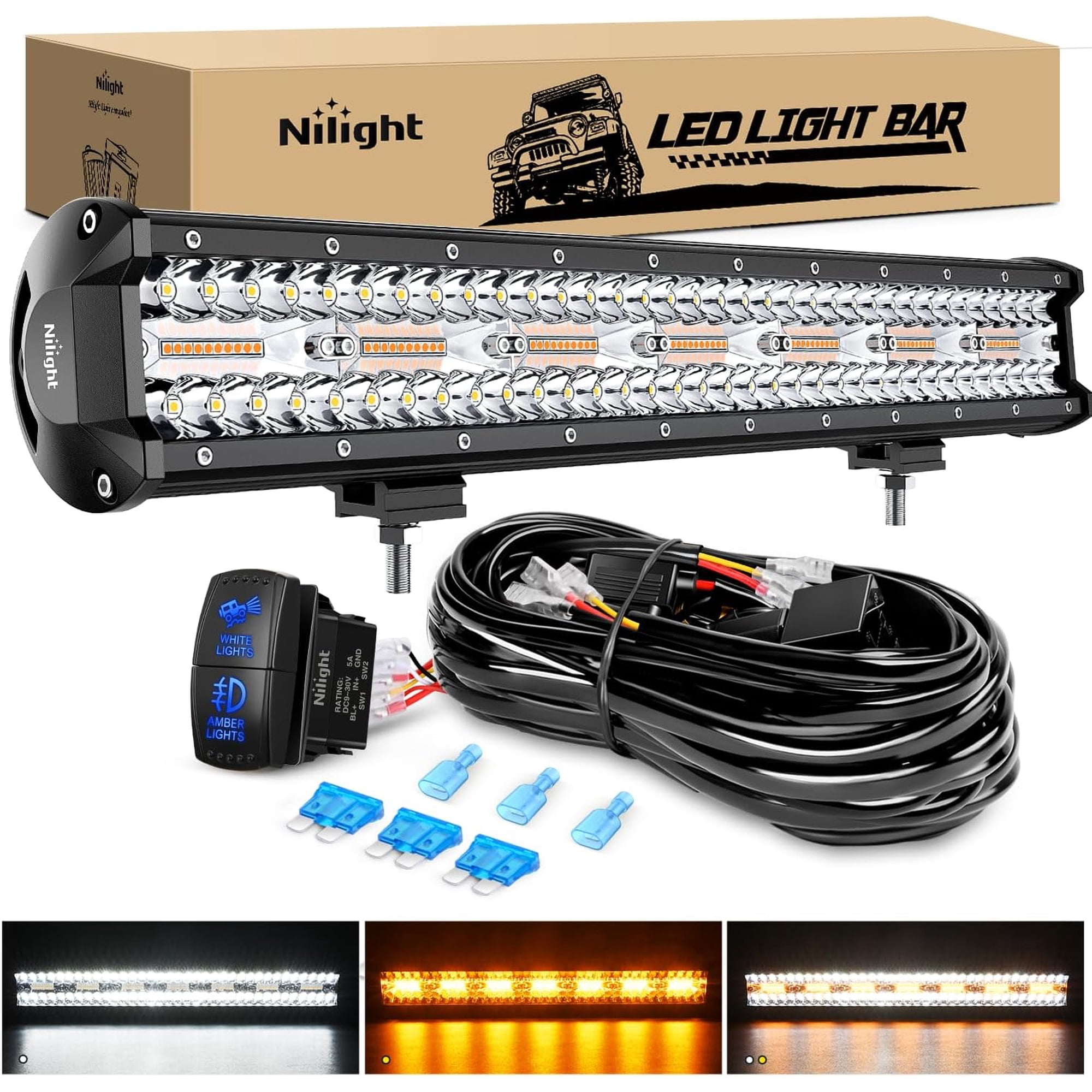 Nilight 20Inch Off-Road LED Light Bar, 420W 3 Lighting Modes (White/Amber/White&Amber) Driving Fog Light Spot Flood Lights with 16AWG Wiring Harness for Truck Car ATV SUV Jeep Boat