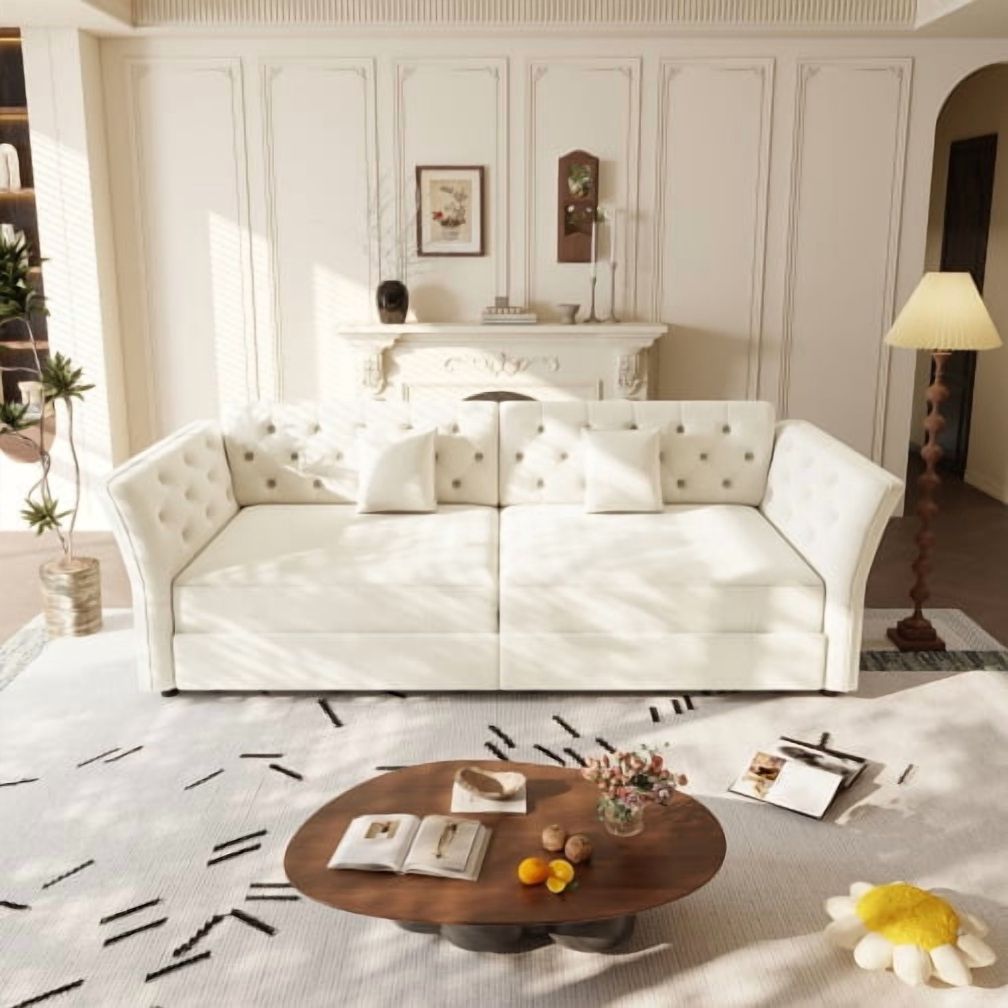74.4" Queen Pull Out Sofa Bed, Convertible Sleeper Sofa with Handmade Fabric Flower Tufted Design, Multi-Functional Velvet Loveseat Bed for Living Room, Bedroom, Beige