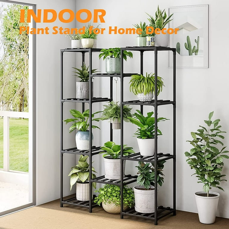 Bamworld Plant Stand Outdoor Black Tall Plant Shelf Indoor Tiered Plant Table for Multiple Plants 11 Pots Large Plant Rack Wood Plant Table for Window