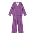 thumbnail image 6 of sdhkgrrt Women's Plus Size 2 Piece Pajama Outfit Striped V Neck 3/4 Sleeve Blouse Wide Leg Pants Casual Boho Lounge Set Loose Matching Travel Daily Tracksuits, Purple XL, 6 of 6
