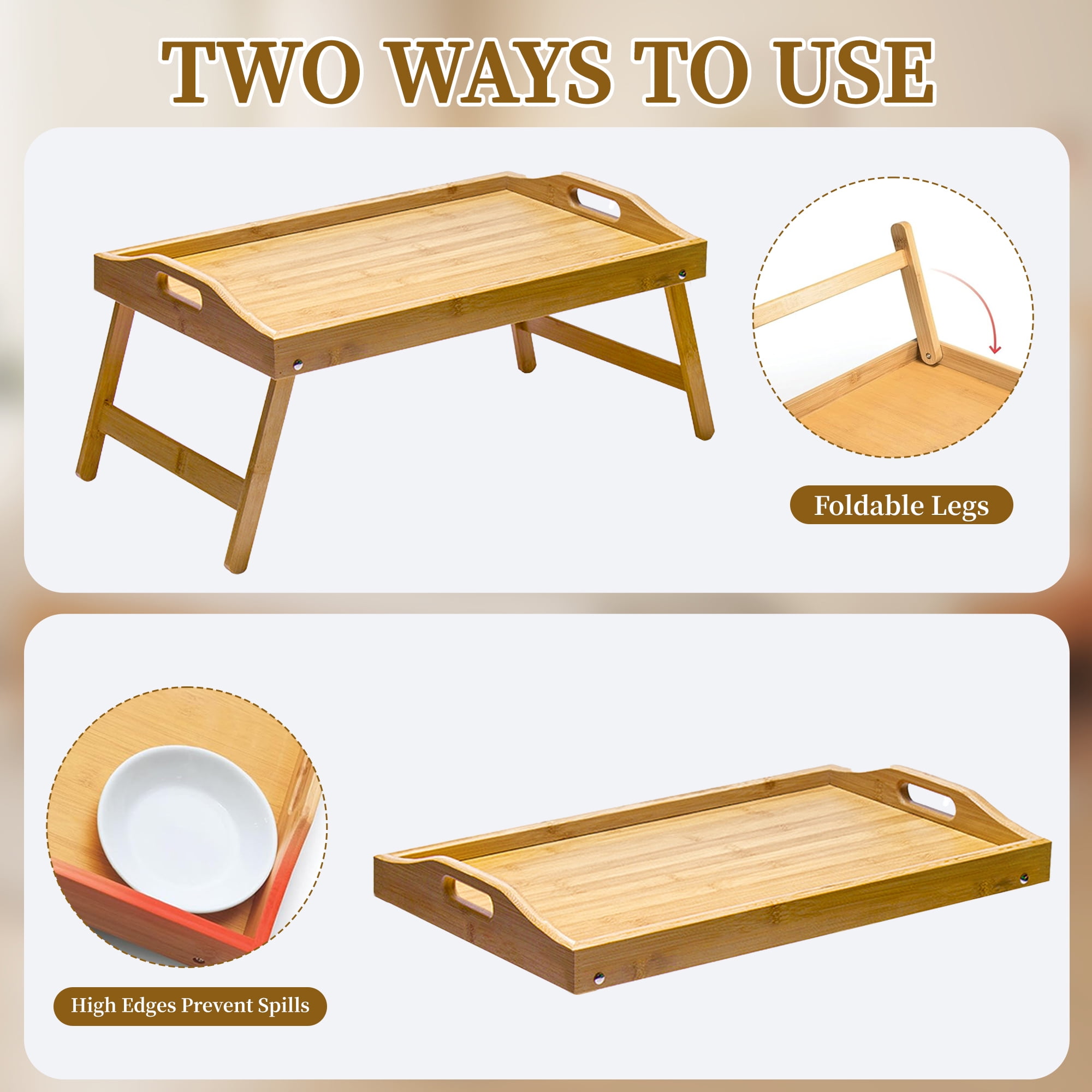 GARITIN Bed Tray Table, Breakfast Tray with Folding Legs and Handles, Multipurpose Laptop Desk, Bamboo Serving for Kitchen, Sofa, Bedroom