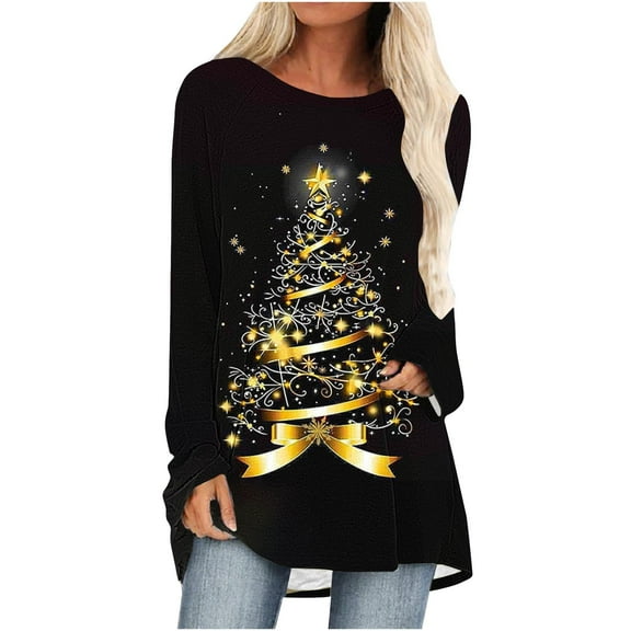 YUGYXL Womens Fall Fashion Long Sleeve Christmas Pullover Tunic Tops Crewneck Sweatshirt Xmas Printed Holiday Oversized Long Shirts Black XXXL