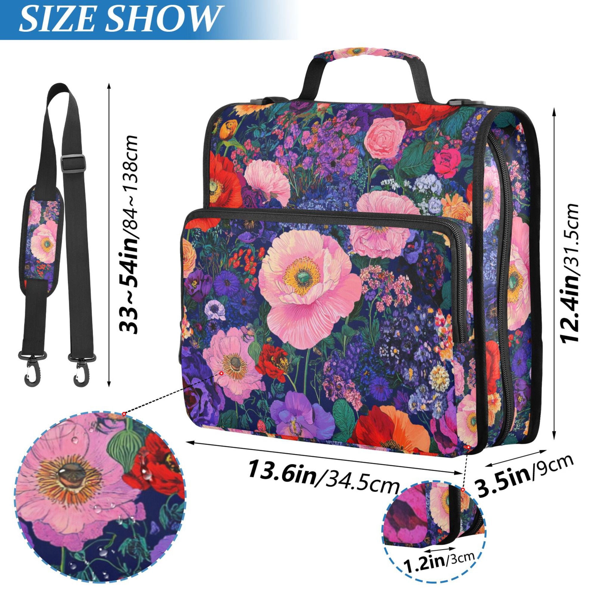FORMRS Zipper Binder with Shoulder Strap 2-inch Ring 500 Sheet Capacity File Bag, Beautiful Floral Pattern